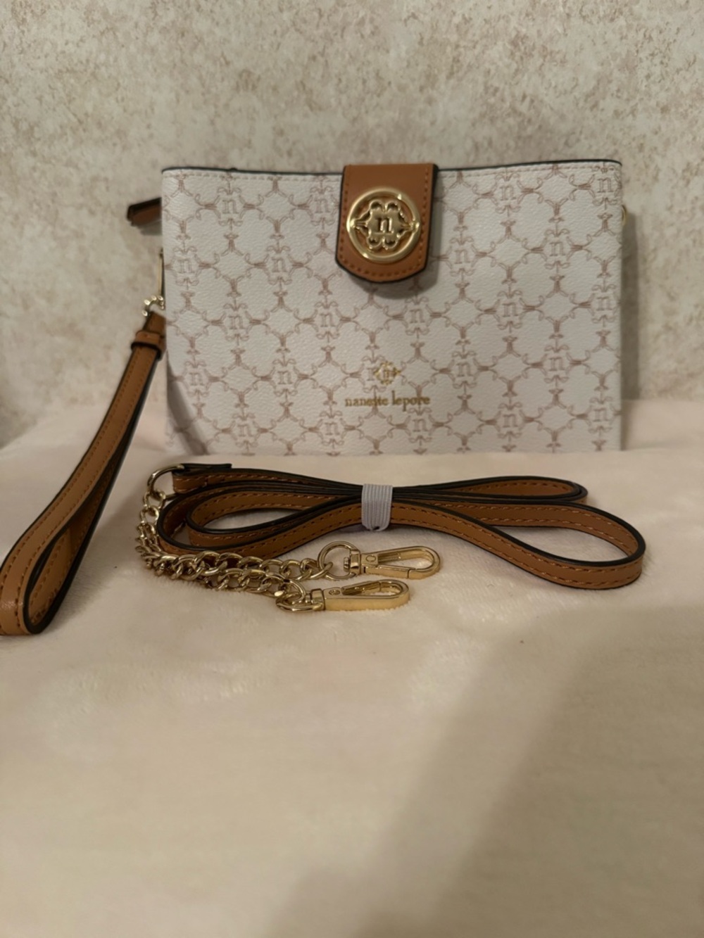 Nanette Lepore White & Tan Signature Crossbody Clutch or Wristlet